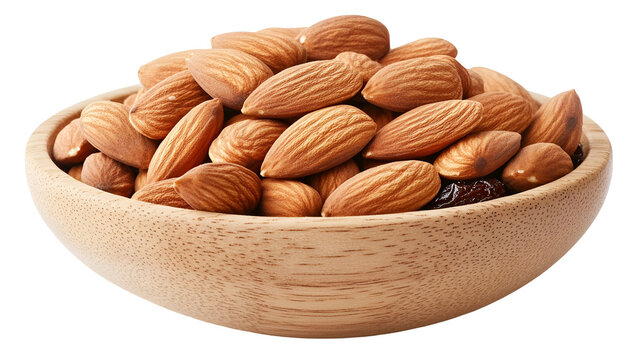 Close-up image of a wooden bowl filled with raw almonds against a black background