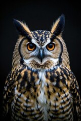 Obraz premium arafed owl with orange eyes and black background