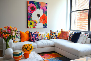 Colorful floral decor in a bright living room with white sectional
