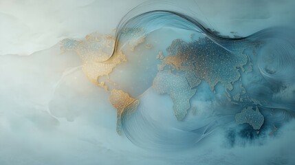 Artistic World Map with Flowing Abstract Patterns and Soft Colors