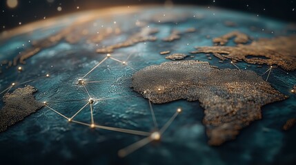 Detailed Global Map with Illuminated Connections Over Africa and Europe
