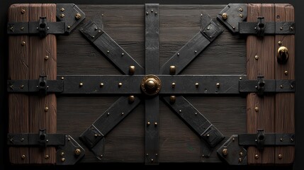 Fototapeta premium Vintage Wooden Treasure Chest with Black Metal Accents, Detailed Hardware and Textured Finish