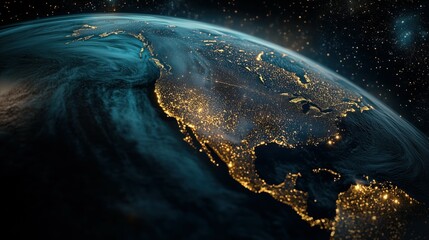 Earth View from Space with Night Lights and Starry Background