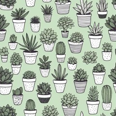 Succulent Plants in Pots Seamless Pattern