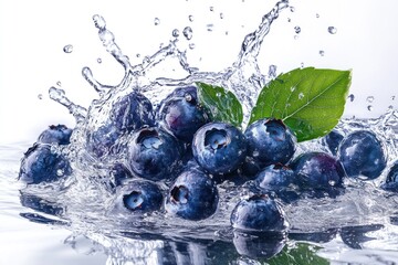 Fresh blueberries splashing in water, healthy food, studio shot