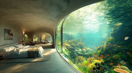An Underwater Hotel Room Featuring Panoramic Aquarium Views And Luxury