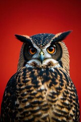 Obraz premium arafed owl with orange eyes and black and white feathers