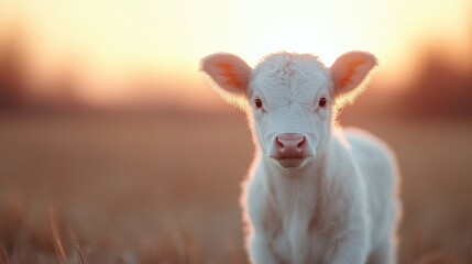 A small, white calf in golden sunset light