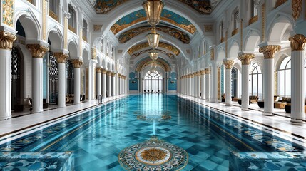 Obraz premium Opulent indoor swimming pool with luxurious architecture and vibrant decorative elements in grand hall