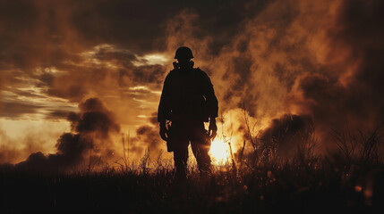 Obraz premium A soldier in antipsychotic gas mask against sunset smoke after shelling