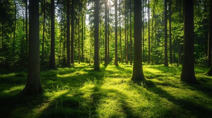 Obraz premium Sunlit Forest with Green Canopy.