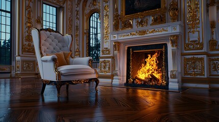 Elegant Armchair in Luxurious Room with Warm Fireplace Glow and Opulent Decor Elements