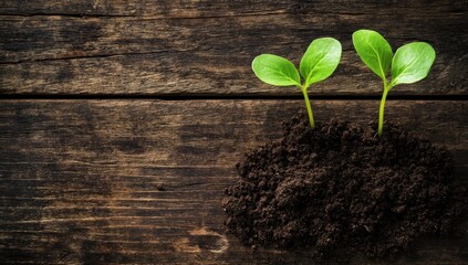 Naklejka premium Fresh sprouts growing in soil on rustic wood