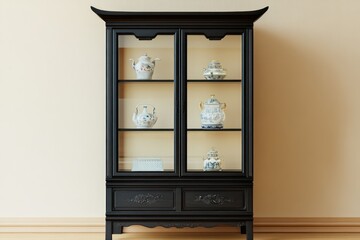 Asian-style display cabinet with tea sets, interior design
