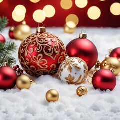 Red and Gold Christmas Ornaments in the Snow
