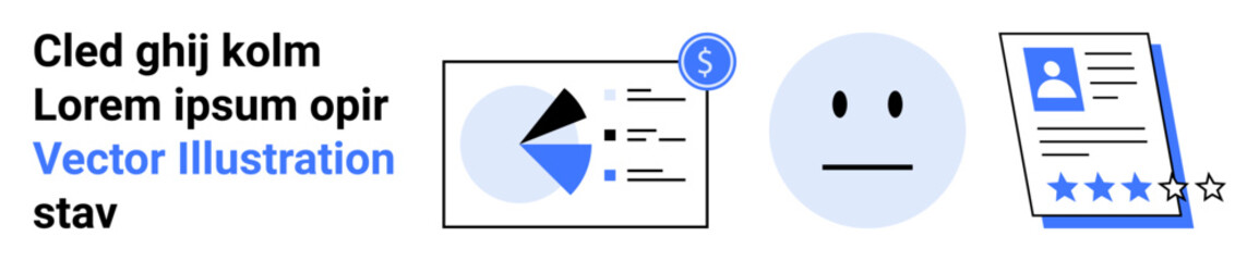 Pie chart report with money icon, neutral face, profile card with 4-star rating. Ideal for data evaluation, survey results, user ratings, analytics, feedback processing, financial overview simple