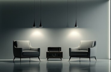 Modern minimalist living room, two armchairs, stereo, lamps. Interior design inspiration