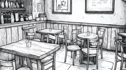 Interior Cafe Sketch, Empty Tables, Rustic Vibe, Background Setting