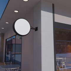 Blank round sign on a building; ideal for digital mockups, branding concepts, urban design...