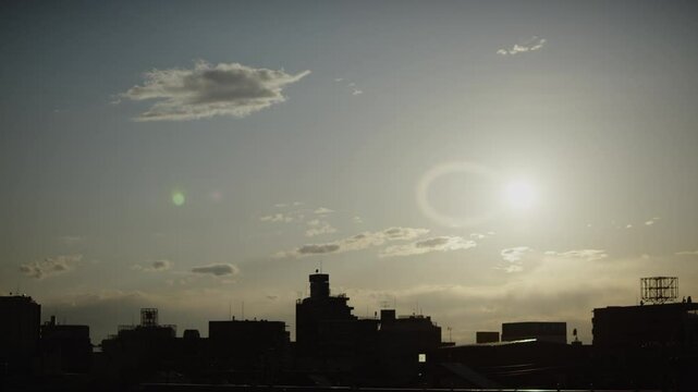 sun, cityscape, residential area, rays, circular light, wide angle, halation