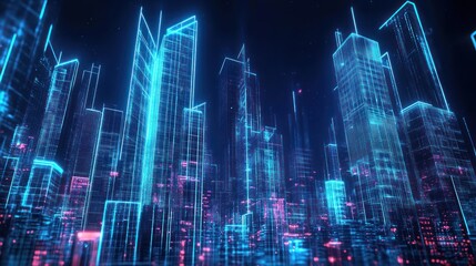 Futuristic city skyline at night with glowing structures