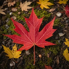 Single Vibrant Red Maple Leaf on Autumn Ground