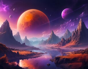 Alien Planet Landscape with Two Planets and Mountains
