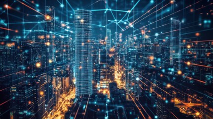 Night city skyline with digital network overlay, urban connection