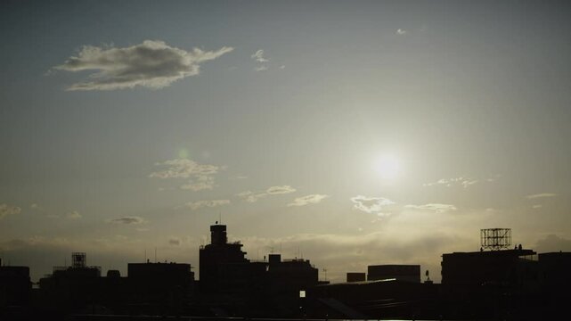 sun, cityscape, residential area, rays, circular light, wide angle, halation