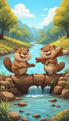 Cute Beavers Building a Dam Together - Illustration of two cute cartoon beavers working together to build a dam in a river