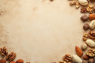 Assorted nuts border, beige background, food photography, recipe website