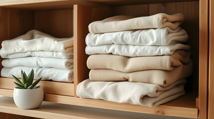 Obraz premium Wooden shelves organizing clothes with neutral colors and a green succulent plant