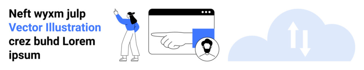 Woman gesturing towards a browser screen with a pointing hand, user icon, and cloud graphic. Ideal for navigation, data flow, connectivity, teamwork, technology, user interaction simple landing page