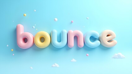 A vibrant, playful design featuring the word "bounce" in colorful, rounded letters against a soft blue background with small decorative elements.