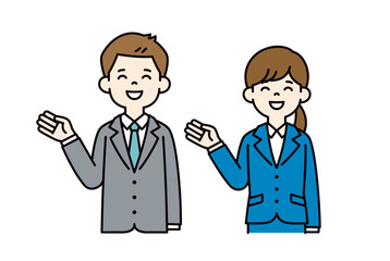 手を添えて説明する、男女の会社員のシンプルなベクターイラスト素材＿カラー