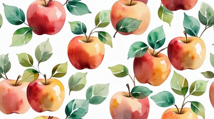 Obraz premium The image features watercolor apples and green leaves on a white background, with soft shades of red, orange, and yellow, creating a balanced, visually appealing design.