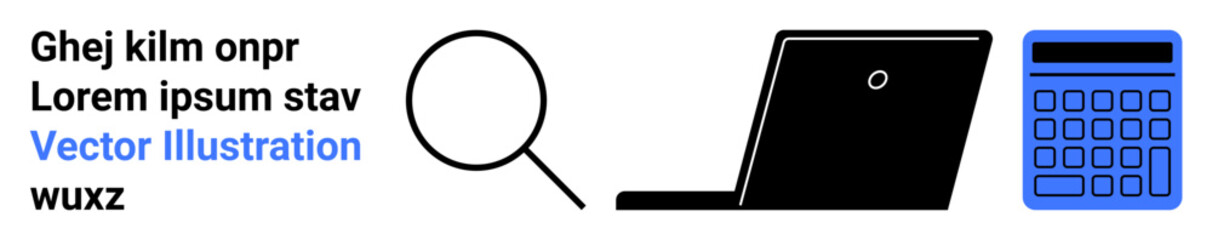 Magnifying glass, black laptop, and blue calculator symbolizing research, calculation, and technology. Ideal for business, education, research, analytics finance productivity simple landing page