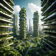 Eco-Friendly Cityscape Green Buildings and Lush Nature