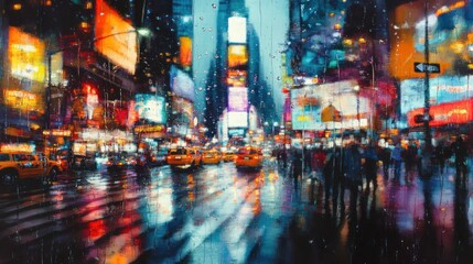 Rainy night, Times Square, city crowd, vibrant lights, urban scene, stock photo