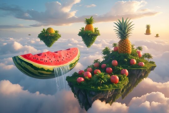 Whimsical Floating Fruit Islands in Cloudy Sky with Waterfalls