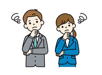 首をかしげて考える、男女の会社員のシンプルなベクターイラスト素材＿カラー