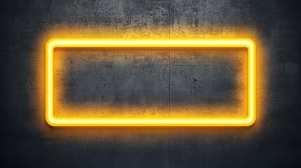 Glowing Yellow Neon Rectangle Frame on Dark Concrete Wall Background