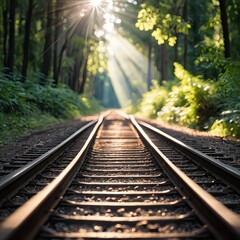 Obraz premium Sunbeams Through the Forest on Railroad Tracks