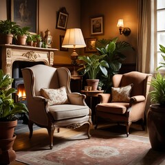 Cozy Living Room with Antique Armchairs and Fireplace