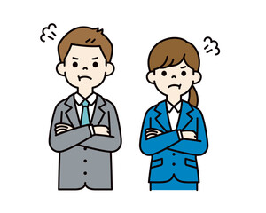 Fototapeta premium 腕を組んで怒る、男女の会社員のシンプルなベクターイラスト素材＿カラー