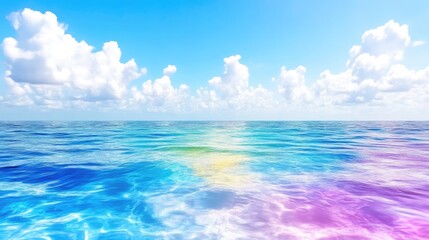 Obraz premium Vibrant ocean scene with a soft, colorful gradient, under a vast blue sky with fluffy white clouds