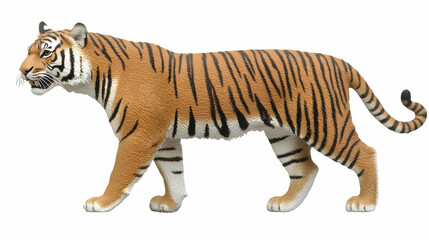Obraz premium Majestic tiger in profile, walking, isolated on white background. Perfect for wildlife, nature, or zoological projects.