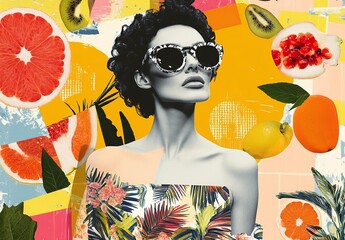 Summer Vacation Retro Collage of Modern Woman with Fruits, Vibrant Pop Art and Fashion Style 