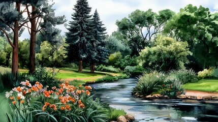 Scenic Tranquil Stream Flowing Through Lush Green Landscape with Colorful Flowers Beside Water Edge