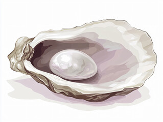Hand drawn oyster shell clipart illustration open shell with pearl watercolor seafood element marine mollusk realistic detail natural treasure isolated white background shiny jewel soft glow sea round